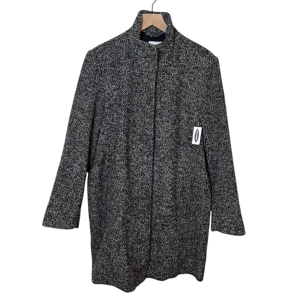 NWT Old Navy Coat Womens XL Black Tweed Stand Collar Full Zip Long Overcoat